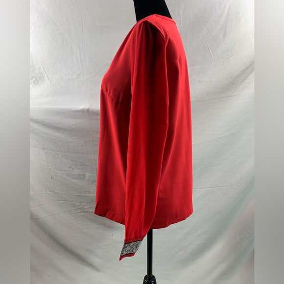 Red Contrast Sequin Mesh Sleeve Blouse - Picture 8 of 9